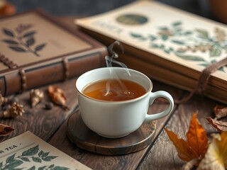 Ceramic Tea Mug on Wooden Surface with Steam By Visnora, No 003 - AI Generated