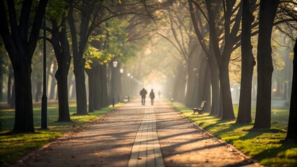 Serene Park Walkway with Trees and Morning Sunlight