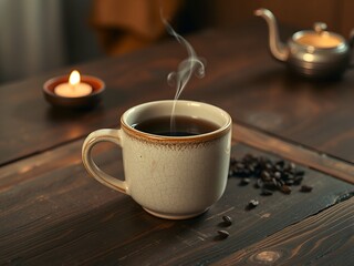 Ceramic Tea Mug on Wooden Surface with Steam By Visnora, No 001 - AI Generated