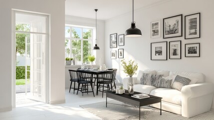Bright living room with white couch, black furniture, gallery wall, and sunny garden view