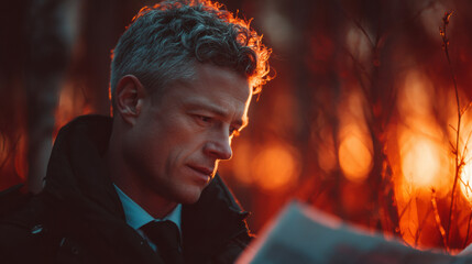 Intense police detective at night crime scene with dramatic lighting for crime investigation or mystery novel cover