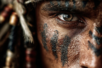 Close-up of detailed textured eye with tribal face paint patterns and brown eyes, ancient man portrait