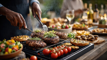 Grilling burgers and vegetables outdoors at a vibrant backyard barbecue party, bbq in summer