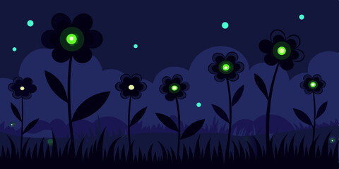 Abstract floral vector illustration featuring a night sky with moon and stars over a summer landscape of blooming flowers, grass, and water