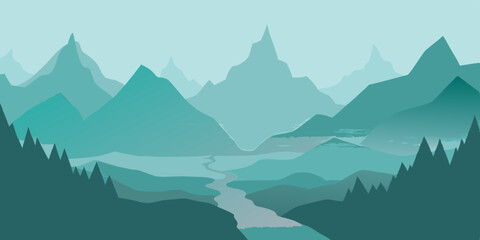 Snow-capped mountain peaks emerge from the morning mist, with a vibrant sunrise painting the sky over a serene forest landscape