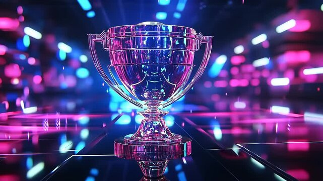A shimmering trophy on a reflective surface, illuminated by vibrant neon lights in a dynamic setting - Powered by Adobe