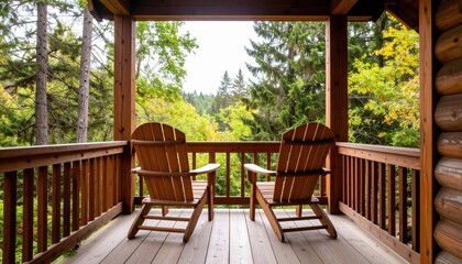 Obraz premium Rustic Wooden Porch Chairs With Forest View