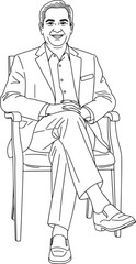 Line Art of a Distinguished and Confident Middle-Aged Man in a Suit, Seated with Legs Crossed, Portraying Professionalism and Experience.