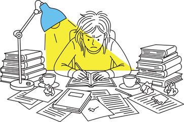 Overwhelmed Person Studying with Books and Papers with light bulb with light Line Art Vector Illustration