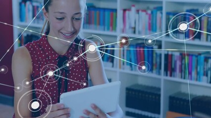 Teenage student tapping tablet in education space creating node network overlay mapping connections - Powered by Adobe