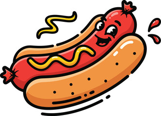 A cheerful and vibrant cartoon vector illustration of a happy hot dog with mustard in a bun, featuring a friendly face.
