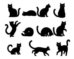 Collection of cat silhouettes set, cat icons in various poses, black color, isolated on white background
