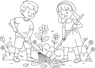  Children gardeners using tools to plant and rake, fostering environmental care and outdoor activity.