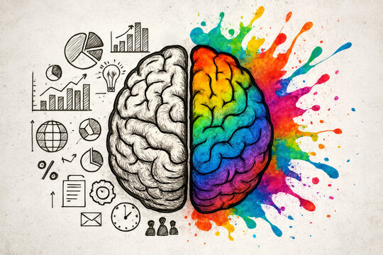 Left brain analytical right brain creative colorful brain human brain