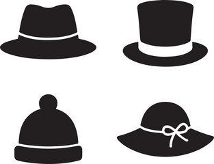 Silhouette illustrations of four different hats on a white background.