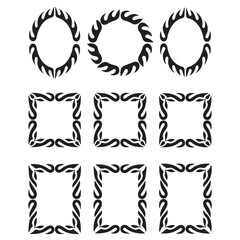 Collection of nine black tribal flame ornamental decorative borders and frames on a white background