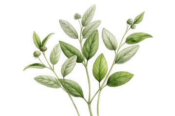 Fototapeta premium Botanical illustration of a plant with green leaves and small round flower buds