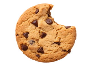 Golden brown chocolate chip cookie with a bite taken out isolated on a transparent background baked sweet