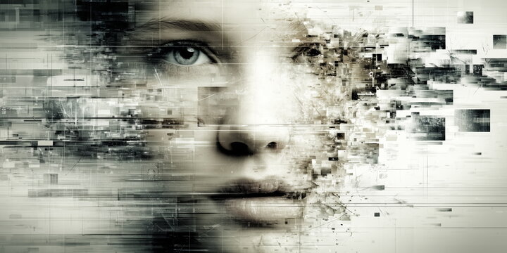 Distant memory, hallucination, memory transfer and digitizing human feelings. A face half fading into a digital world.