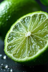 Freshly cut lemon halves on a dark surface with droplets of water