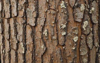 Fototapeta premium Rough Elm Bark Texture Warm Brown, Jagged Grooves, and Lichen - Perfect for Text Overlay