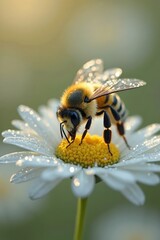 Bee collecting pollen on a daisy in the early morning sunlight