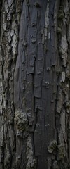 Obraz premium Dark Oak Bark Texture Deep Black-Brown Hues, Coarse Ridges, and Moss