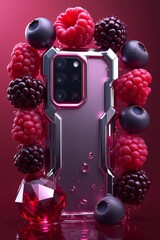 Smartphone amid fresh berries and sparkling gems in a studio