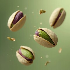 Pistachios floating in mid-air against a soft green background