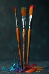 Creative paintbrushes standing tall among vibrant splashes of paint