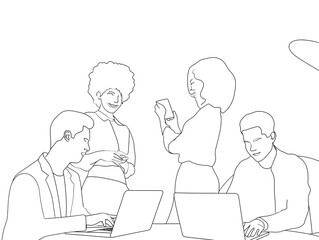 Outline drawing of a diverse group of people working together.