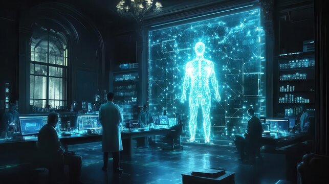 A symbolic glowing network overlay connecting doctors, pharmacies, and patients through innovation, dramatic lighting