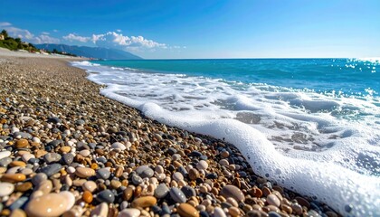 Pebbled Beach Shoreline Lapped By Transparent Surf Under Clear Blue Sky on Sunny Day