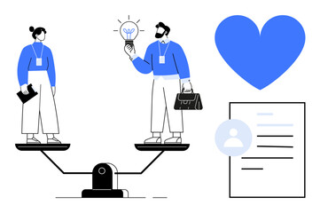 Two professionals balanced on scales, man with a lightbulb and woman with a folder. Heart and resume graphics symbolize equality, collaboration, creativity, and career values. Ideal for business