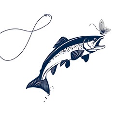 Obraz premium A leaping trout with fishing line and fly.