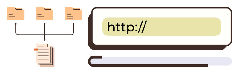 Folder directories connecting to document file for organized storage and accessibility. URL bar signifies online sharing. Ideal for file management, teamwork, online access, collaboration, cloud