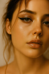 Young woman with soft natural lighting highlighting smooth skin texture and glossy lips featuring bold winged eyeliner and slightly tousled hair in a warm minimalistic beauty shoot style