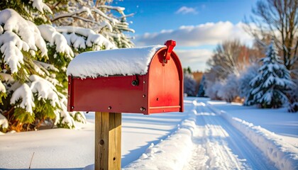 Red Snow Covered Mailbox At The End Of Winter Country Lane Against Blue Sky With White Snow And Trees