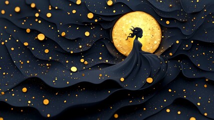 A solitary female figure stands in silhouette against a night sky filled with a large glowing moon and twinkling stars creating a surreal dreamlike atmosphere