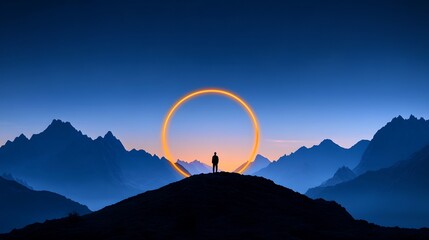 A solitary figure stands silhouetted on a hilltop gazing out over a breathtaking mountainous landscape bathed in the warm glow of the setting sun