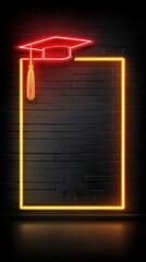 Neon Graduation Cap Tassel Frame on Brick Wall Background Design Template
