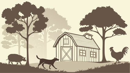 Farm Animal & Pet Silhouettes &mdash; Dog Herding Sheep, Cat in Haystack, Barn and Rooster Scenes for Country Decor & Kids Books