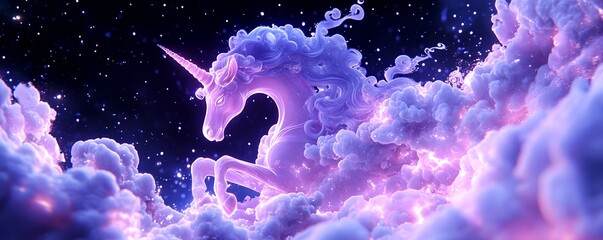 A magical unicorn silhouetted against a backdrop of ethereal pastel hued clouds and twinkling stars in a serene captivating night sky