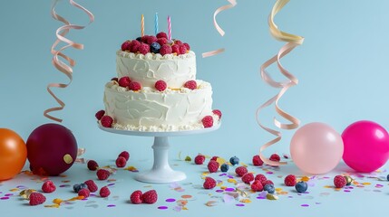 Festive Birthday Cake with Berries and Balloons Celebration Setup