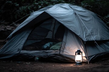 Cozy Tent with Lantern Glowing in Dark Woods Creating a Mysterious Camping Atmosphere