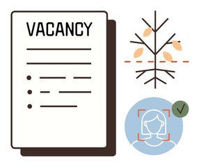 Job vacancy document with bullet points, abstract career growth tree, and verified applicant profile. Ideal for recruitment, career, hiring, HR, employment job search and opportunity themes. Simple