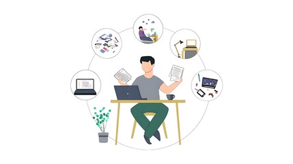 A person working at a desk surrounded by various items.