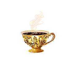 Ornate golden cup filled with steaming dark coffee.