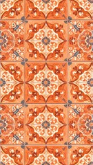 Rustic Terracotta Tile Pattern Featuring Geometric Designs in Warm Orange Tones with Ornamental Details