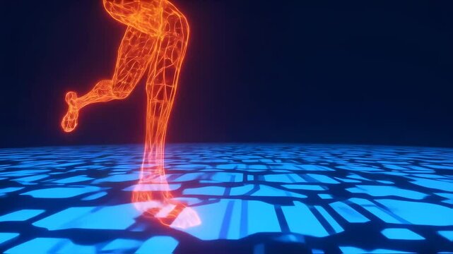 Abstract Animation of Digital Runner on a Neon Grid, Exploring Technological Frontiers